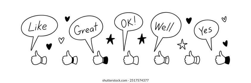 Thumb up cute line doodle icons set. Speech bubble set. Kid school dialog box, think cloud. Handwriting design elements. Crayon scribbles. Sketch like, great, ok, well, yes words