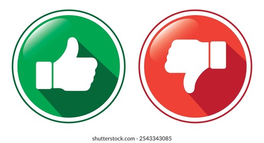 Thumb up and thumb down 3D buttons, like or dislike symbols, vector illustration isolated on white background