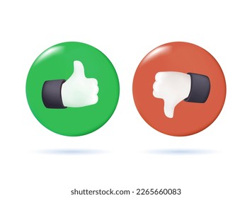 Thumb up and thumb down 3D icon. 3D realistic like and dislike icons set. Vector illustration isolated on white. 3D render realistic illustration