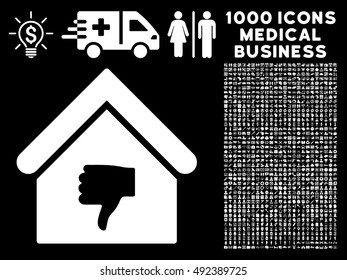 Thumb Down Building icon with 1000 medical business white vector pictograms. Collection style is flat symbols, black background.