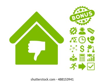 Thumb Down Building icon with bonus pictures. Vector illustration style is flat iconic symbols, eco green color, white background.