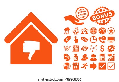Thumb Down Building icon with bonus icon set. Vector illustration style is flat iconic symbols, orange color, white background.