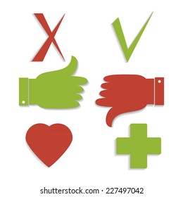 Thumb up and down, check mark, Like, heart, plus flat icons set with shadow. Vector sign. Mark for your design vector 10 EPS.