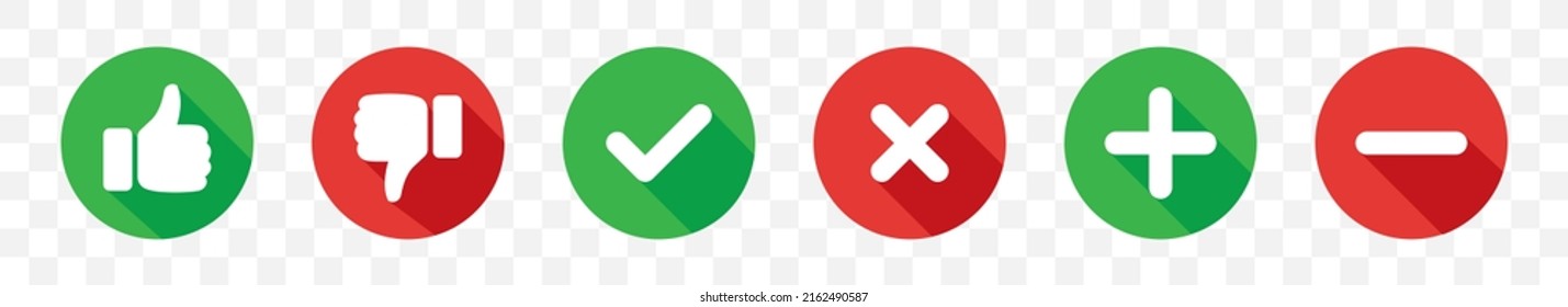 Thumb up and down. Checkmark and cross. Plus minus icon. Web buttons. Design element collection on white background. Vector isolated illustration.
