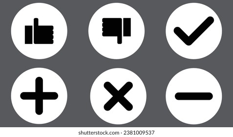 Thumb up and down. Checkmark and cross. Plus minus icon. Design element collection on white background