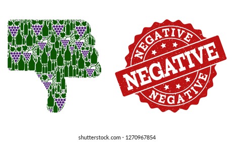 Thumb down collage of alcohol bottles and grape and grunge stamp seal. Isolated vectors in green and purple colors on a white background for bars, alcohol shop banners, ads, concepts.