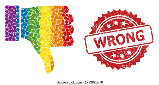 Thumb down collage icon of round spots in various sizes and LGBT colorful shades, and Wrong textured rosette stamp seal. A dotted LGBT-colored Thumb down for lesbians, gays, transgenders,