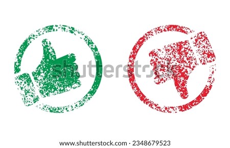 Thumb Up Thumb Down Color Silhouette Icon Set. Like and Dislike Button with Grunge Texture. Good and Bad Pictogram Collection. Social Media Feedback Red and Green Symbol. Isolated Vector Illustration.