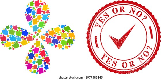 Thumb down colorful explosion flower cluster, and red round YES OR NO Query. unclean stamp seal. Thumb down symbol inside round stamp seal.
