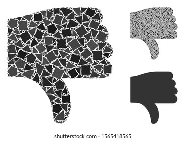 Thumb down composition of abrupt pieces in various sizes and shades, based on thumb down icon. Vector abrupt elements are grouped into composition. Thumb down icons collage with dotted pattern.