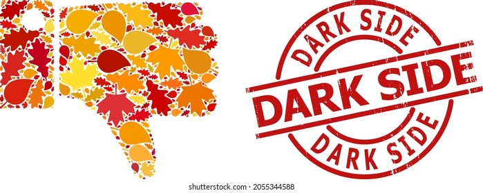 Thumb Down composition icon done for fall season, and Dark Side textured watermark. Vector thumb down mosaic is done of randomized autumn maple and oak leaves.