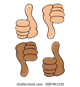 Thumb up and thumb down. Dark and light skin hand gesture.