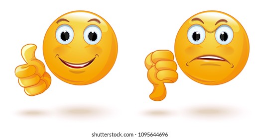 Thumb up and down. Emoticons set demonstrating opposing emotions. Cheerful and sad smiley. Emoji collection showing different gestures. Yes and No. like and dislike. Vector illustration