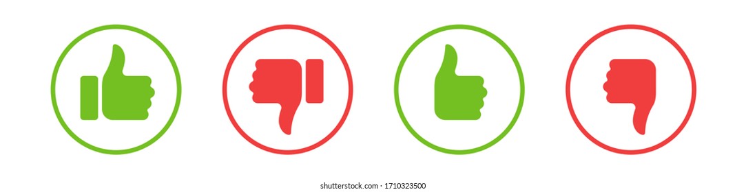Thumb up and thumb down. Flat icons like and dislike. Yes and no. Vector illustration
