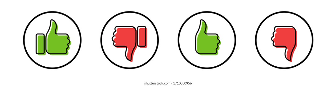 Thumb up and thumb down. Flat icons like and dislike. Yes and no. Vector illustration