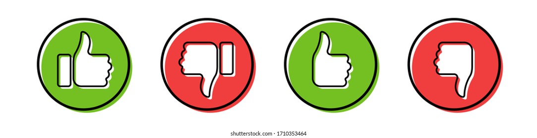 Thumb up and thumb down. Flat icons like and dislike. Yes and no. Vector illustration