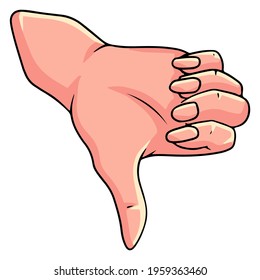 Thumb down gesture. Bad. Hand gesture. Woman's hand. Hand gestures. Cartoon style. Illustration for design and decoration.