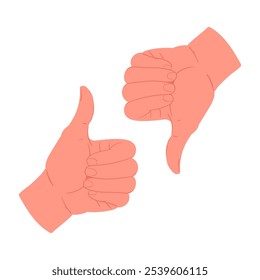 Thumb up and down gestures. Human hands with thumb up and down sign, agree and disagree flat vector illustration. Cartoon positive and negative hand gestures
