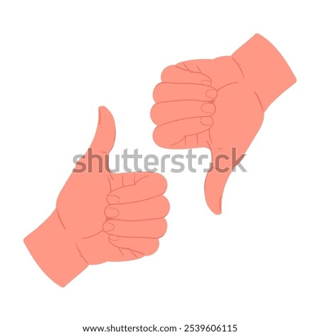 Thumb up and down gestures. Human hands with thumb up and down sign, agree and disagree flat vector illustration. Cartoon positive and negative hand gestures