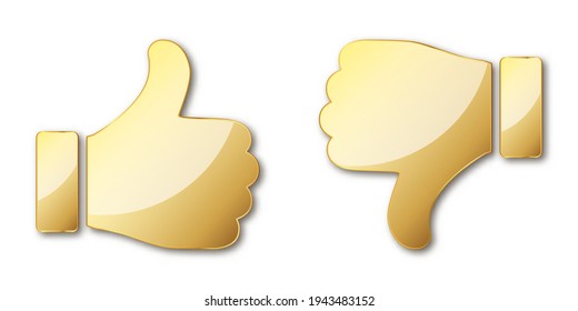 Thumb up and down. Gold hand icon. Vector illustration. Gold symbol of like and dislike