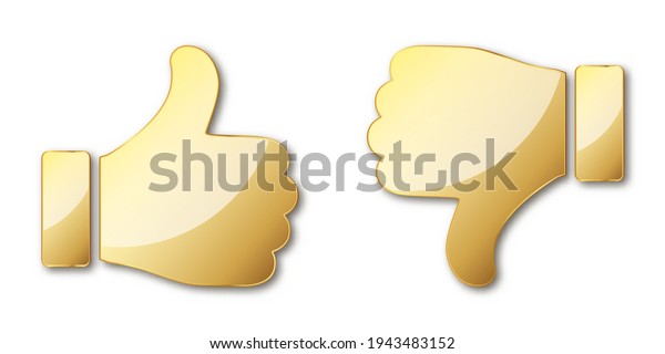 Thumb up and down. Gold hand icon.\
Vector illustration. Gold symbol of like and\
dislike