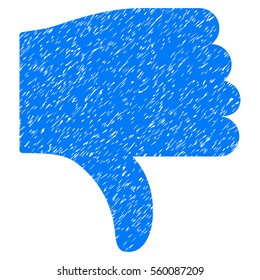 Thumb Down grainy textured icon for overlay watermark stamps. Flat symbol with scratched texture. Dotted vector blue ink rubber seal stamp with grunge design on a white background.