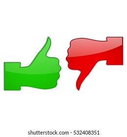 Thumb up and thumb down. Green and red symbols. Vector illustration isolated on white background.