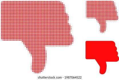 Thumb down halftone dotted icon. Halftone pattern contains round pixels. Vector illustration of thumb down icon on a white background.