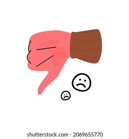 Thumb down hand gesture. Finger down with frown face icon. Bad review , not good, no recommend symbol concept. Dislike sign. Bad choice icon vector illustration.