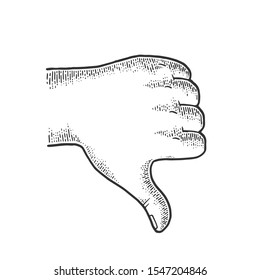 Thumb down hand gesture sketch engraving vector illustration. Scratch board imitation. Black and white hand drawn image.