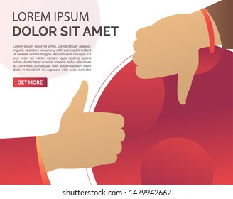 Thumb up and down hand gestures. Like and dislike, positive or negative review, customer rate, text sample. Feedback concept. Vector illustration for banners, posters, webpage templates