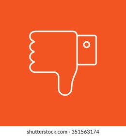 Thumb down hand sign line icon for web, mobile and infographics. Vector white icon isolated on red background.