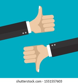 Thumb up and Thumb down hands. Like and Unlike sign. Good and Bad symbol. Vector illustration.
