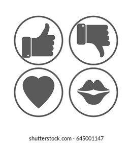 Thumb up and down, heart, lips gray icons. Vector illustration