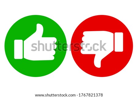Thumb up and down icon. Icon of approval and not dirty. Green and red button of consent and denial. Vector image.