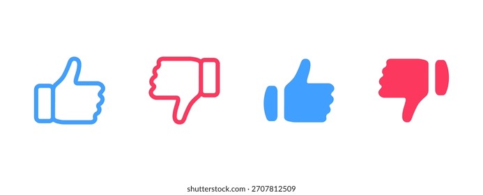 Icono de pulgar hacia arriba y hacia abajo. Los gestos azules y rojos muestran Comentarios positivo y negativo en una Ilustración vectorial de estilo plano y limpio. Símbolo de reacción útil para el signo de los kits de interfaz de usuario y la calificación social.