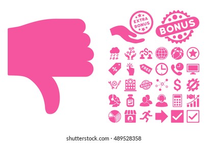Thumb Down icon with bonus icon set. Vector illustration style is flat iconic symbols, pink color, white background.