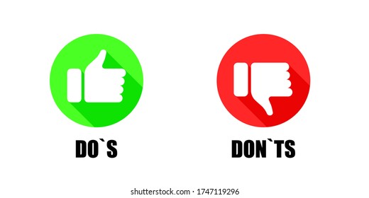 Thumb up and down icon collection, red and green flat do`s and don`ts like and unlike yes and no vector symbol isolated illustration.