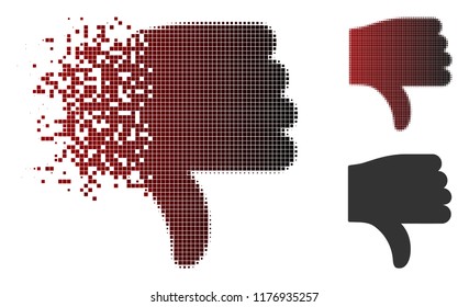 Thumb down icon in dispersed, dotted halftone and undamaged solid versions. Points are composed into vector dispersed thumb down icon.