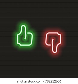 Thumb up and down icon in neon style.Vector symbols