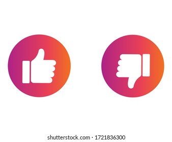 Thumb up or down icon. Ok and bad sign in rainbow style. Positive and negative choice. Isolated illustration of like or dislike decision. Social style of buttons.  Vector EPS 10