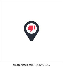 Thumb down icon on map pin. Location pointer isolated on a white background. Conceptual vector illustration.