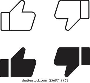 Thumb up and down icon set. Vector like and unlike buttons for website and mobile app. Line flat style. Good and Bad Gesture Button Signs. Social Media Feedback Symbols. Isolated Vector Illustration.