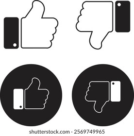 Thumb up and down icon set. Vector like and unlike buttons for website and mobile app. Line flat style. Good and Bad Gesture Button Signs. Social Media Feedback Symbols. Isolated Vector Illustration.