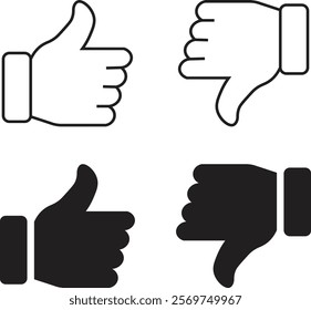 Thumb up and down icon set. Vector like and unlike buttons for website and mobile app. Line flat style. Good and Bad Gesture Button Signs. Social Media Feedback Symbols. Isolated Vector Illustration.