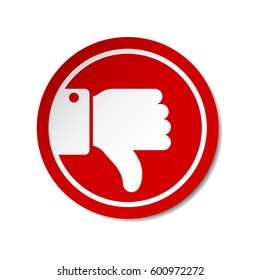 Thumb Down icon sticker on red circle. Vector evaluation illustration.