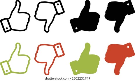 Thumb up and thumb down icon symbol set. Icons in different style and colors. Vector icon collection on transparent background