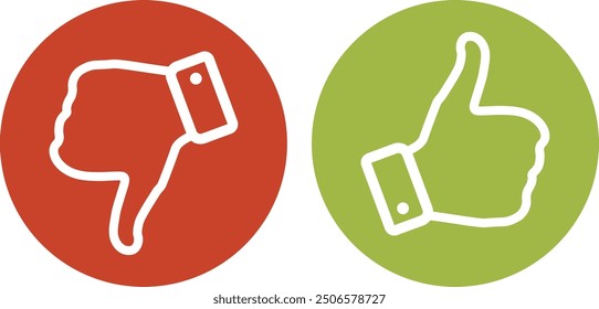Thumb up and thumb down icon symbol set. Green like and red dislike buttons. Outline style. Vector icon collection on transparent background