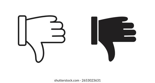 Thumb down icon symbol set in black. line and flat icons