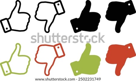 Thumb up and thumb down icon symbol set. Icons in different style and colors. Vector icon collection on transparent background